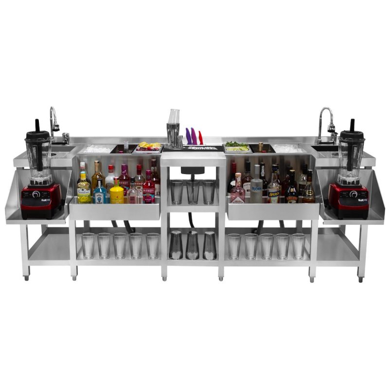 Cocktail Bar Station Compact Twin Free-Standing Stainless Steel Insulated Ice Well Sink 360 Mixer Tap Glass Refresher Drip Tray Blender Shelf Speed Rail Shelves Gastro Pots Knife Holder Boston Shaker