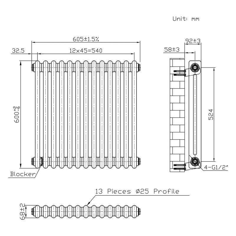 Traditional 2 Column Radiator - 600 x 605mm - Raw Metal
