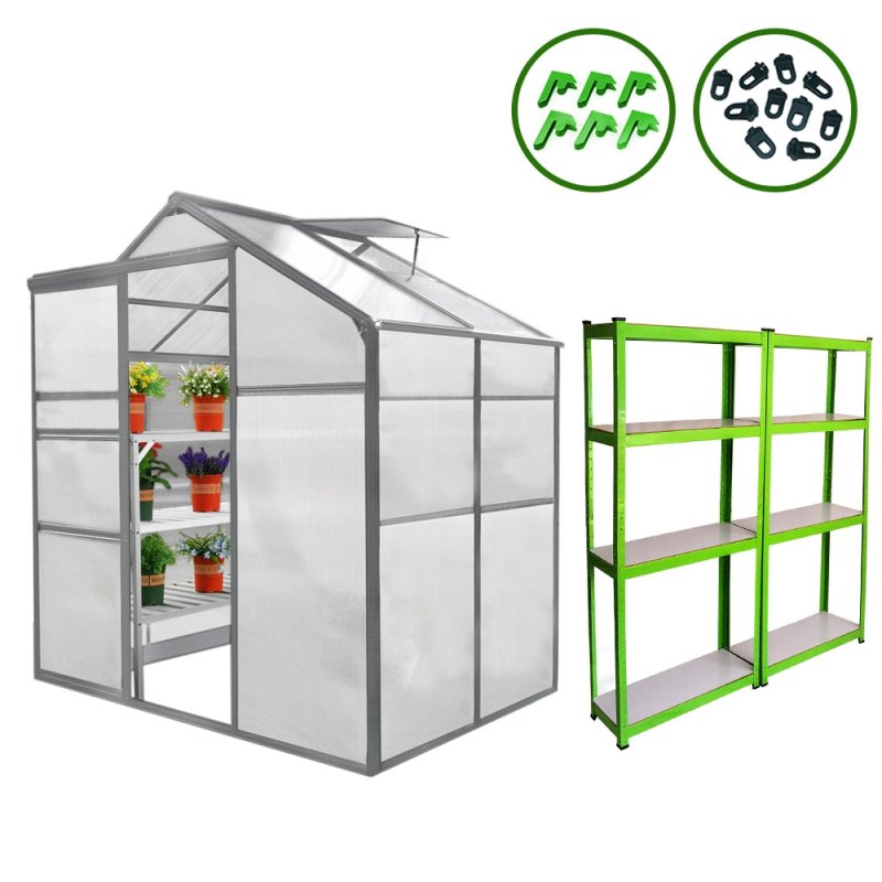 Greenhouse Polycarbonate, Clear, Aluminium Frame, With 2 x Water-resistant Racks, Silver, Growhouse with Window & Sliding Door 6ft x 4ft