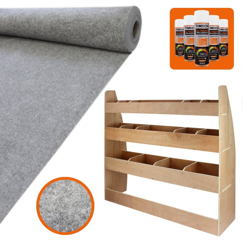 Camper Van Lining Carpet 11m2 Wheat 4 Way Super Stretch & VW Caddy SWB Van Racking Plywood Tool Storage Utility Ply Toolbox Transporter Shelves Rack Unit Motorhome 5 x Adhesive Glue Cans Kit