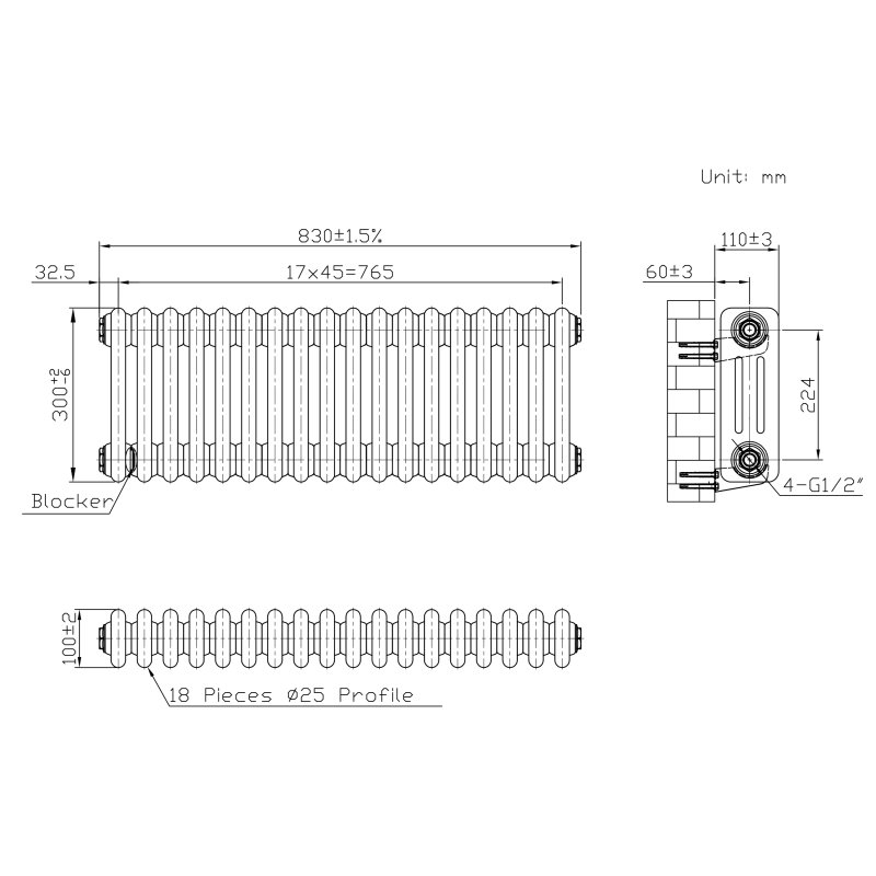 Traditional 3 Column Radiator - 300 x 650mm - Raw Metal