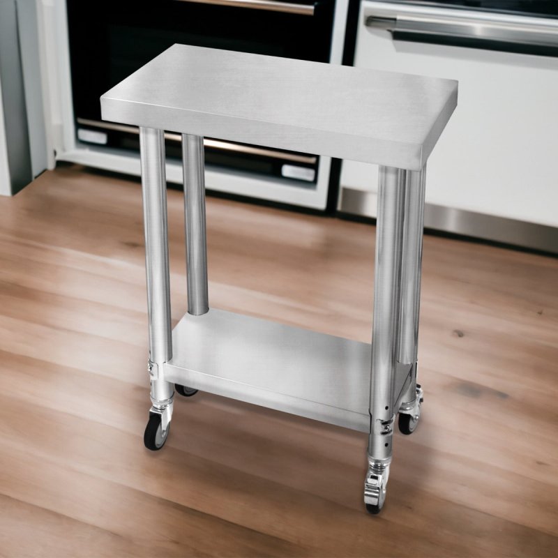 Catering Work Bench Table Stainless Steel Food Prep Kitchen Mobile 4 x Castor Wheels With 2 Brakes & 4 Adaptable Feet Adjustable Lower Shelf 3 Positions 160kg Load Capacity 60cm x 30cm x 80cm
