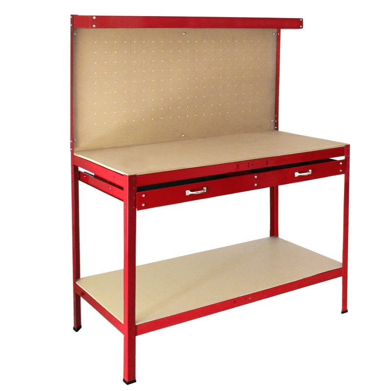 Metal Workbench With Pegboard And Drawer Heavy-Duty Steel Tool Storage Station Unit With Shelves FREE 40 Hooks DIY Workshop Industrial Work-Top Garage Work-table Red