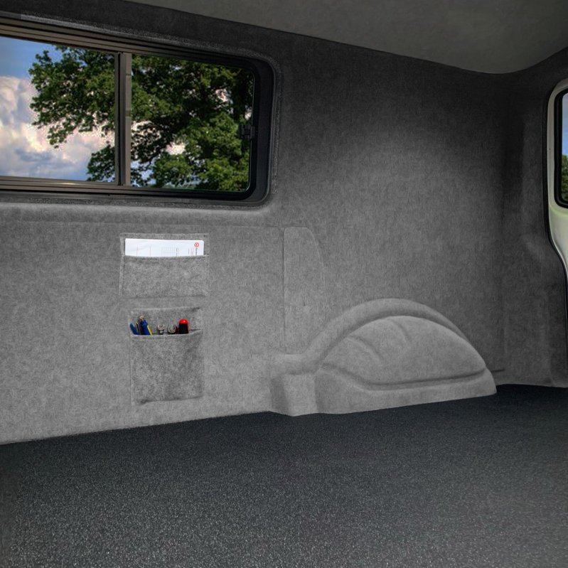 Camper Van Lining 2 x Storage Pouches & 5 x Cans Adhesive Glue Smoke Grey Carpet 4 Way Stretch 2m Wide 11m2 Coverage Car Motorhome Vehicle Campervan Conversion 2 Size Tool Document Pocket Organiser