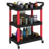 HOMCOM 3-Tier Rolling Tool Cart, Tool Trolley on Wheels, Plastic Mobile Service Utility Cart with Handles for Garage, Mechanics and Warehouse, 91kg Capacity, Black and Red