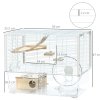 PawHut Hamster Cage, Gerbil Cage w/ Deep Bottom, Litter Area, Wooden Ramp, Platforms, Hut, Exercise Wheel, for Small Rodents, 59 x 35.5 x 47cm
