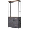 HOMCOM Chest of Drawers with Coat rack Steel Frame 5 Drawers  Bedroom Hallway Home Furniture Black Brown