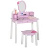 HOMCOM 2 PCS Kids Wooden Dressing Table and Stool Girls Vanity Table Makeup Table Set with Mirror Drawers Role Play Toy for Toddlers Age 3 Years +, Pink and White