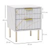 HOMCOM Marble Pattern Bedside Table, Fluted Bedside Cabinet with 2 Drawers, Side End Table with Steel Legs for Bedroom, White