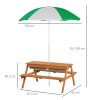 Outsunny Kids Picnic Table, Wooden Sand and Water Table with Benches, Adjustable Parasol, Storage Bins, Outdoor Garden Furniture for Kids 3-6 Years, Brown