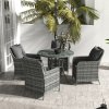 Outsunny 4 Seater Rattan Dining Set with Parasol, Luxury Rattan Garden Furniture Set with Seat and Back Cushions, Outdoor Table and Chairs, Round Glass Top Table