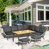 Outsunny 5 Piece Rattan Garden Furniture Sets, 6 Seater Outdoor Sofa Sectional with Wicker Sofa, Footstool and Wood-Plastic Coffee Table for Yard, Poolside, Grey