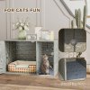 PawHut Cat Litter Box Enclosure with Rattan Door, Boho Style Hiddern Litter Box Furniture, Cat House End Side Table with Scratching Mat, Toy Ball, Non-slip Foot Pads, 80 x 50 x 50cm, Grey