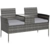 Outsunny 2 Seat Rattan Garden Bench, Patio Wicker Chair with Glass Tea Table, Outdoor Love Seat with Padded Cushions, for Garden, Porch, Charcoal Grey/Grey