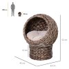 PawHut Wicker Cat House, Raised Cat Bed with Cylindrical Base, Soft Washable Cushion, Woven Water Hyacinth Cat Basket for Indoor and Outdoor, 42 x 33 x 52 cm - Dark Brown