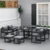Outsunny 9 Pieces Garden Dining Set with Cushion, 8 Seater Garden Table and Chairs Cube Set with Glass Top Dining Table, 4 Chairs and 4 Footstools, Grey