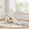 AIYAPLAY 3-in-1 Kids Slide, Foldable Dinosaur Shape Toddler Slide with Climber, Basketball Hoop and Ball, Indoor Playground Equipment for Ages 2-5, Cream White