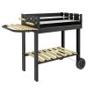 Outsunny Charcoal?BBQ?Grill, Barbecue?Trolley with Double Adjustable Grill, Side Table, Storage Shelf and Wheels for Outdoor Garden Party Cooking, Black