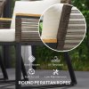 Outsunny 4 Piece Rattan Garden Furniture, 4 Seater Rattan Sofa Set, Round Wicker Rope Patio Conversation Set with 2 Armchairs, Loveseat, Glass Top Coffee Table and Cushions for Outdoor, Balcony, Grey