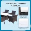 Outsunny 7-Piece Rattan Garden Furniture Set with Cushions, 6 Seater Garden Table and Chairs, Rattan Dining Set with 6 Armchairs, Rectangular Glass Top Table, Brown