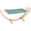 Outsunny Outdoor Hammock with Stand, Garden Hammock with Triple-Head Eucalyptus Wood Arc Frame, 1 Person Cotton Bed and Head Pillow, Freestanding Garden Swing Bed for Patio, Blue Stripe