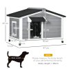 PawHut Wooden Dog Kennel Outdoor, Elevated Dog House for Outside, with Openable Top, Asphalt Roof, Windows, Curtain, Removable Tray, Adjustable Legs, 65H x 97L x 72Wcm, Grey