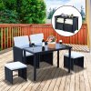 Outsunny 2 Seater Rattan Cube Garden Furniture Set, Rattan Dining Set with Cushions, Outdoor Dining Table and Chairs with 2 Armchairs, 2 Stools, Rectangular Glass Top Table for Patio, Balcony