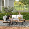Outsunny 4 Piece L Shaped Garden Furniture Set, 4 Seater Garden Corner Sofa Set, 2 Loveseats with Removable Backs, 2 Wood-Plastic Coffee Tables and Thick Cushions for Outdoor, Grey