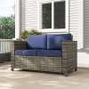 Outsunny Rattan Sofa, 2 Seater Garden Furniture with Soft Padded Cushion and Armrests, Wicker Garden Loveseat for Patio, Navy Blue