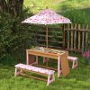 AIYAPLAY Kids Picnic Table, Wooden Children Garden Table and Bench Set with Removable & Foldable Umbrella, Cushions, Storage Boxes, Flamingo Theme Outdoor Furniture for Boys Girls, Pink