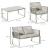 Outsunny 4 Pieces Rattan Garden Furniture Set, Metal Frame Outdoor Furniture Sofa Set with Cushions, Pillows & Tempered Glass Top Table, Wicker Garden Sofa for Conservatory, Patio, Grey