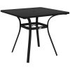 Outsunny Garden Dining Table, Outdoor Square Coffee Table with Wood Grain Effect Steel Tabletop, Parasol Hole and Foot Pads for Balcony, Porch, Black