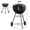 Outsunny Portable Kettle Charcoal Grill BBQ Smoker with Cover, Outdoor Round Barbecue with Lid, Thermometer, Turner, Knife, Clip, Storage Shelf, & Wheels for Party Patio Garden