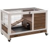 PawHut Indoor Rabbit Cages Guinea Pig Hutch, with Openable Roof, Wheels, Indoor Enclosed Run with No-Leak Tray, Brown