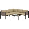 Outsunny 5 Seater Garden Corner Sofa Set, 4 Pieces Metal Garden Furniture Set with Loveseats, Glass Top Coffee Table, Breathable Mesh Pocket, Outdoor Conversation Furniture with Cushions, Khaki