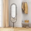 HOMCOM Full Length Mirror, Oval Free Standing Mirror with Wooden Tray, 4 Hooks and Metal Frame for Living Room, Bedroom, Cloakroom, Black
