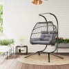 Outsunny Rattan Double Hanging Egg Chair with Stand, Foldable Wicker Swing Egg Chair with Cushion, Head Pillows, Steel Frame, Hammock Chair for Indoor Outdoor, Capacity 260 kg, Dark Grey