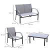 Outsunny 4 Pcs Curved Steel Outdoor Furniture Set w/ Loveseat, 2 Texteline Seats, Glass Top Table Garden Balcony Patio Furniture For Family Party Events Guests -Grey