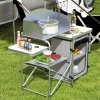 Outsunny Camping Kitchen with Storage Cupboard, Folding Camping Table, Aluminium Portable Picnic Table with Windshield, Light Stand, Carrying Bag for BBQ, Silver