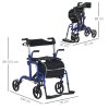 HOMCOM 2 in 1 Wheelchair Transport Chair & Folding Rollator Walker with Seat, Backrest, Footrest, Lightweight Walking Frame with Bag, Adjustable Height, 4 Wheeled Walker for Seniors