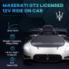 AIYAPLAY Maserati GT2 Licensed 12V Electric Car for Kids, Kids' Electric Ride on with Suspension System, Remote Control, USB, Music, Horn, Lights, Auxiliary Wheels, for Ages 3-5 Years, White