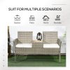 Outsunny 2 Seat Rattan Garden Bench, Patio Wicker Chair with Glass Tea Table, Outdoor Love Seat with Padded Cushions, for Garden, Porch, Mixed Grey/Cream White