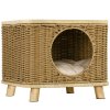 PawHut Wicker Cat House, Elevated Design Rattan Cat Bed Basket with Washable Soft Cushion, Door Hole, for Indoor Cats Kittens, Light Brown
