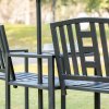 Outsunny Patio Tete-a-tete Chair 2 Seat Bench Middle Coffee Table w/ Umbrella Hole for Outdoors Decorative Slatted Design Steel Frame Black