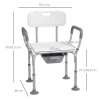 HOMCOM Height Adjustable Shower Chair with Arms and Back, Non-Slip Shower Stool, Bedside Commode with Detachable Bucket for Elderly, Seniors, Disabled, White