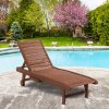 Outsunny Garden Patio Sun Lounger, Outdoor Wooden Sun Bed with Built-In Table, Reclining Backrest and Rolling Wheels for Sunbathing, Red Brown