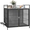 PawHut Dog Crate Furniture with 2 Rotatable Bowls, Dog Crate End Table with 2 Anti-Escape Doors, Storage Shelf, for Medium Dogs, 80 x 56 x 76.5 cm, Grey