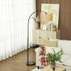 HOMCOM Rattan Floor Lamp for Living Room, Farmhouse Arc Standing Lamp with Dual-Layer Shade & Foot Switch, Height Adjustable Minimalist Tall Pole Lampshade for Bedroom, Office, Black