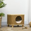 PawHut Wicker Cat House, Elevated Design Rattan Cat Bed Basket with Washable Soft Cushion, Door Hole, for Indoor Cats Kittens, Light Brown