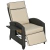 Outsunny Garden Recliner with Cushion, PE Wicker Outdoor Recliner Chair with Adjustable Backrest & Footrest, Rattan Recliner Chair with Armrests and Side Tray for Balcony, Porch, Khaki/Brown